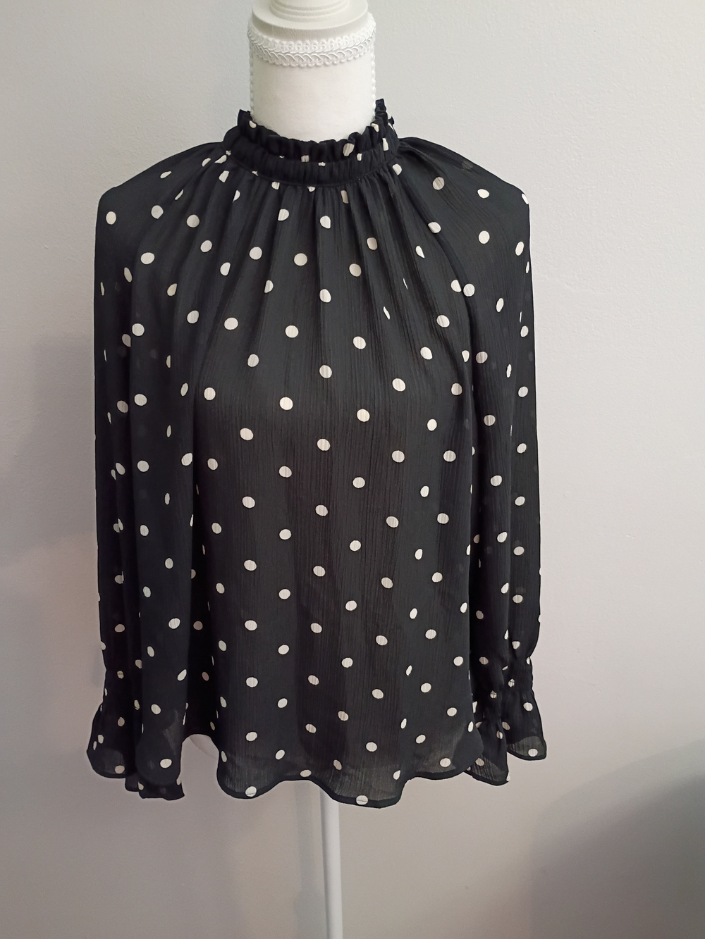 LOFT Black Polka Dot Ruffle-Neck Blouse